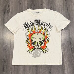 💜Ed Hardy Cream Skull Flame Tee Classic everyday Timeless Comfort Rhinestone